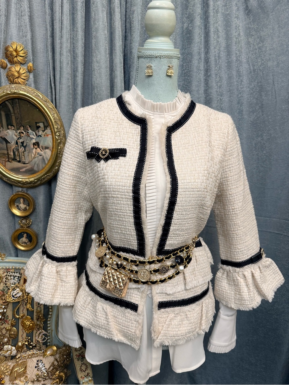 Cream Tweed Peplum Blazer with Black Trim